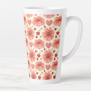 Caneca De Café Latte Padrão Floral Vermelho Sem Costura Flor Lig Retro