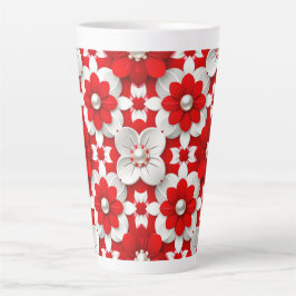 Caneca De Café Latte Padrão Floral Vibrante em Vermelho e Branco com Pé