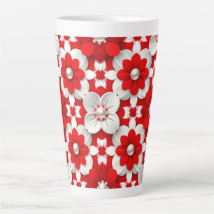 Caneca De Café Latte Padrão Floral Vibrante em Vermelho e Branco com Pé