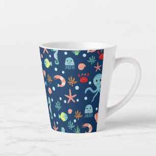 Caneca De Café Latte Padrão Fofo de Vida Marinha no Oceano