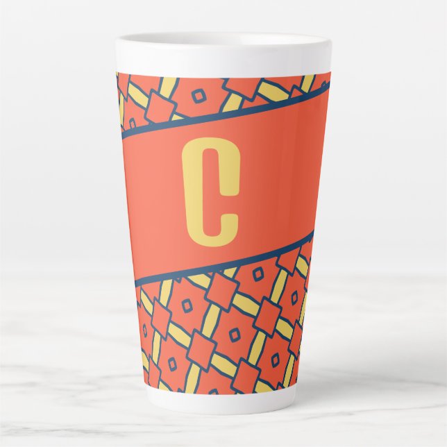 Caneca De Café Latte Padrão Geométrico Amarelo Monograma Laranja (Frente)