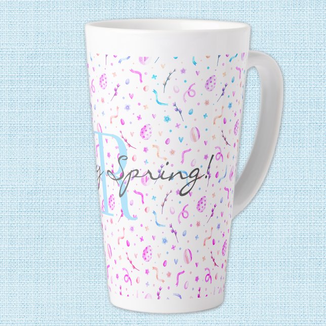 Caneca De Café Latte Padrão inicial, 17oz Latte Mug Happy Primavera (Criador carregado)