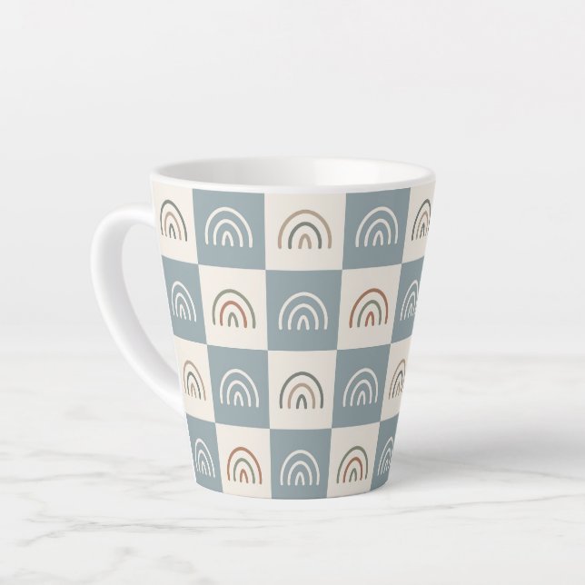 Caneca De Café Latte Padrão Mínimo Xadrez Boho Arco-íris (Ângulo esquerdo)