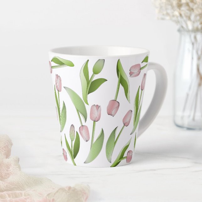 Caneca De Café Latte Padrão Moderno de Tulipas Rosa (Criador carregado)