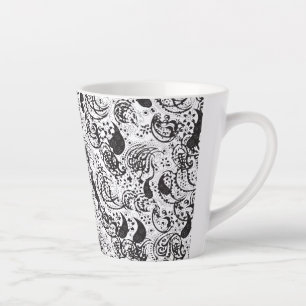 Caneca De Café Latte Padrão Paisley Preto e Branco – Arte Textil Elegan