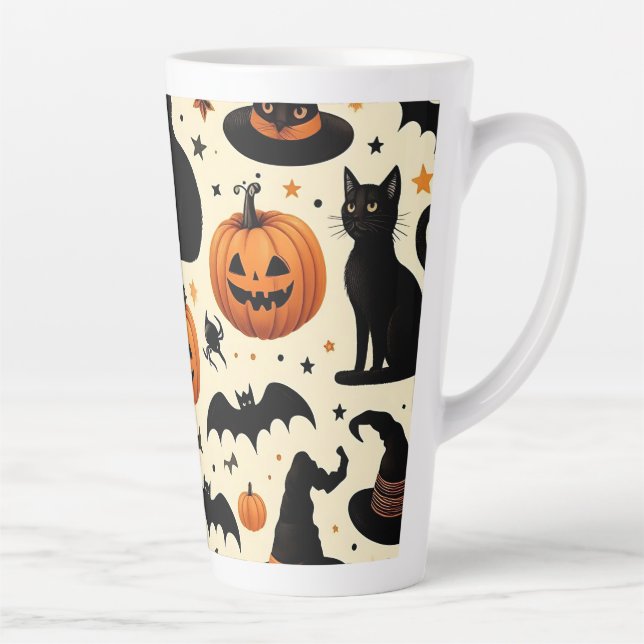 Caneca De Café Latte Padrão Preto e Pumpkin do Halloween (Direita)