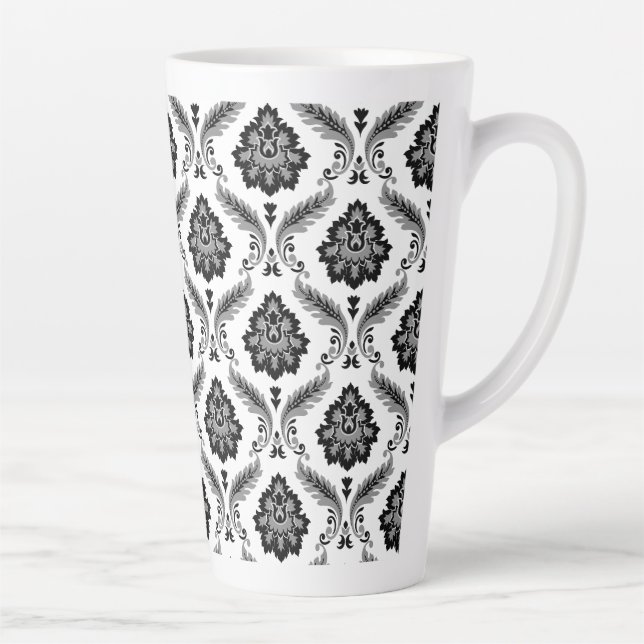 Caneca De Café Latte Padrão Rococó Damask Cinza Preto Branco (Direita)