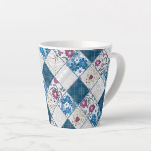 Caneca De Café Latte Padrão rústico da moda azul de restos de tecido