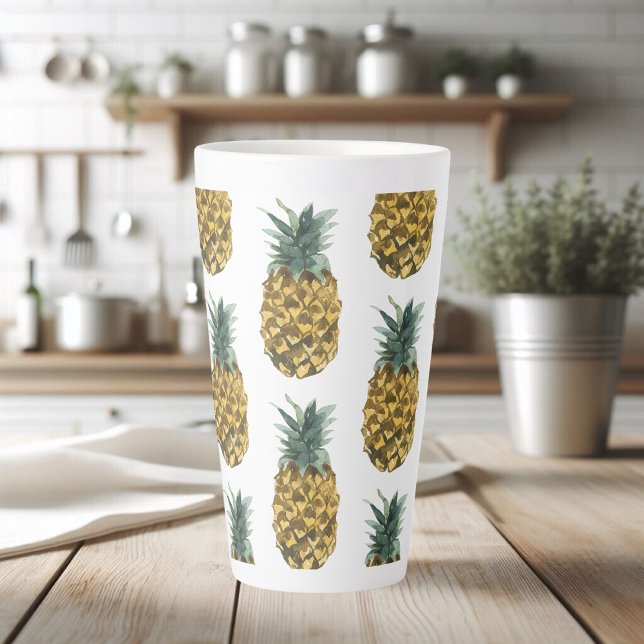 Caneca De Café Latte Padrão Sem Costura De Abacaxi De Aquarelas Tropica (Criador carregado)