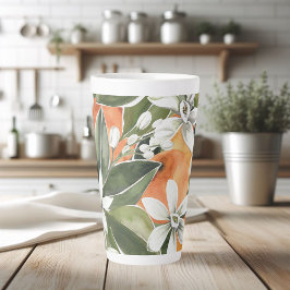 Caneca De Café Latte Padrão Tropical Laranja e Flores de Água