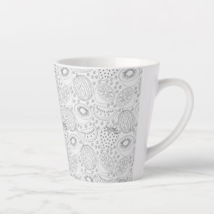 Caneca De Café Latte Padrão uniforme de fruta tropical preto e branco