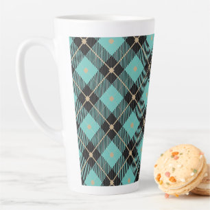 Caneca De Café Latte Padrão Xadrez Aqua Preto