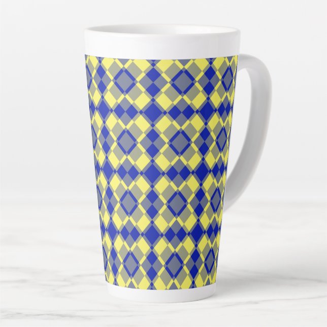 Caneca De Café Latte Padrão Xadrez Argyle Azul Amarelo (Ângulo direito)