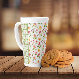Caneca De Café Latte Painel Pássaros Primavera cor-de-rosa retrorreflec