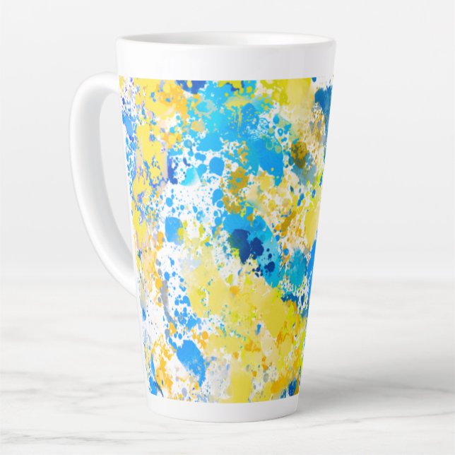Caneca De Café Latte Paint Splatter Blue e amarelo (Ângulo esquerdo)