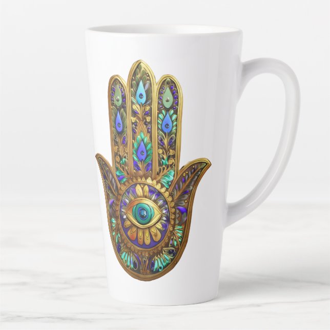 Caneca De Café Latte Painted Gold Hamsa Turquoise Sapphire Third Eye  (Direita)