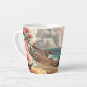 Caneca De Café Latte Paisagem Costeira Surrealista com Flores e Nuvens