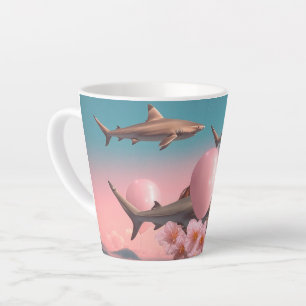 Caneca De Café Latte Paisagem de Sonho Surrealista com Tubarões e Balõe