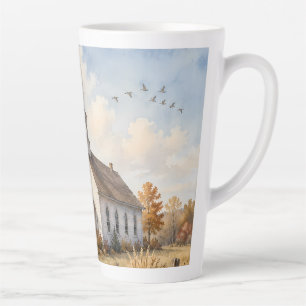 Caneca De Café Latte Paisagem em Aquarela de Igreja Rural de Outono
