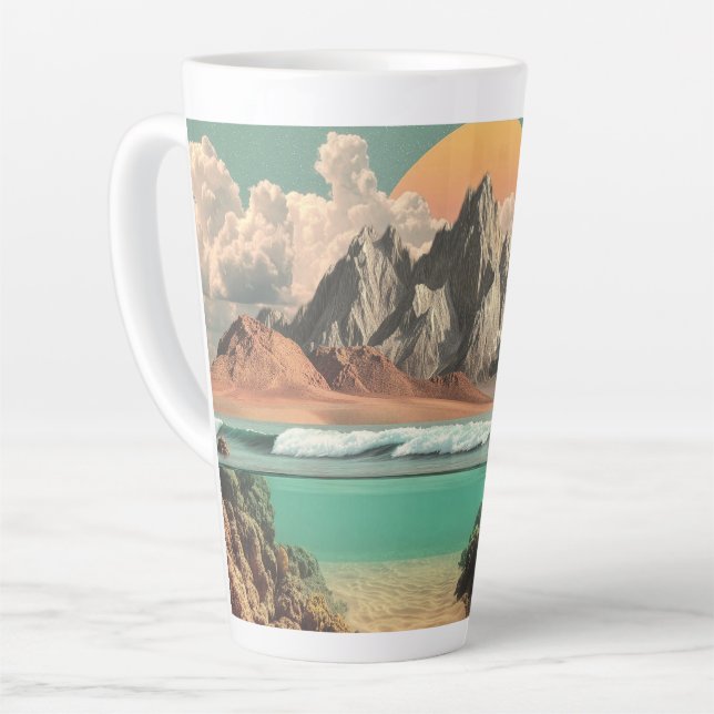 Caneca De Café Latte Paisagem Surrealista do Oceano e Montanha com Onda (Ângulo esquerdo)