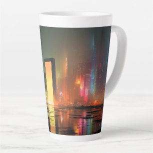 Caneca De Café Latte Paisagem Urbana Futurista com Reflexos de Neon