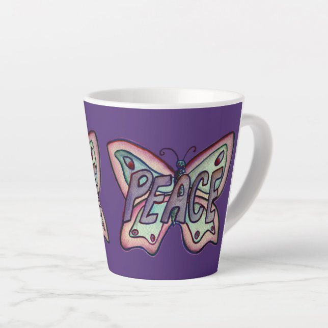 Caneca De Café Latte Palavra-Paz Arte Púrpura Borboleta Ala Café (Ângulo direito)
