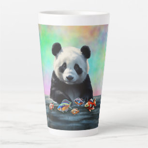 Caneca De Café Latte Panda contempla peixes coloridos nadando