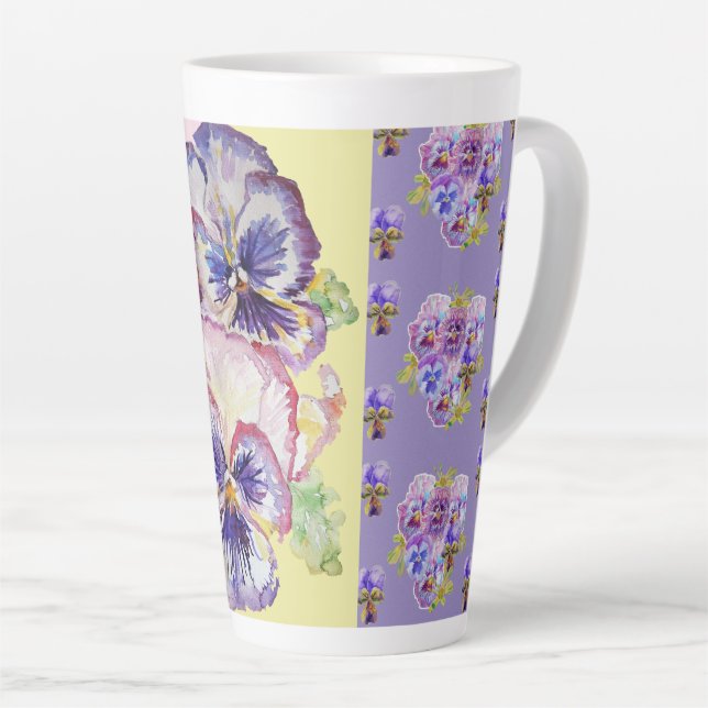 Caneca De Café Latte Pansias Pansy Púrpuras Pintadas à Mão Flórida Latt (Ângulo direito)