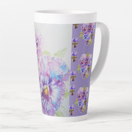 Caneca De Café Latte Pansias Pansy Púrpuras Pintadas Mão Latte