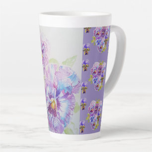 Caneca De Café Latte Pansias Pansy Púrpuras Pintadas Mão Latte