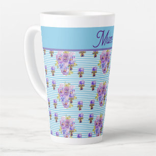 Caneca De Café Latte Pansy Flower Aqua Stripe Mãe floral Dia de as mães