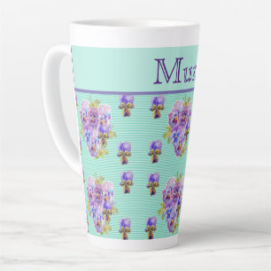 Caneca De Café Latte Pansy Flower Aqua Stripe Mãe floral Dia de as mães