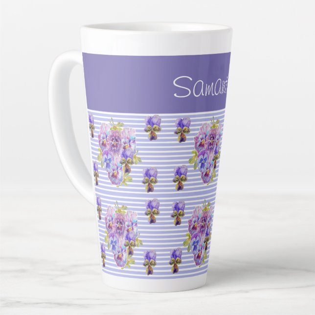Caneca De Café Latte Pansy Flower Purple Stripe floral Personalizável (Ângulo esquerdo)