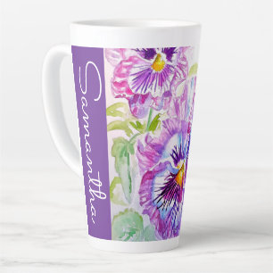 Caneca De Café Latte Pansy Pansies Flor Aquarela Floral Nome Mulher