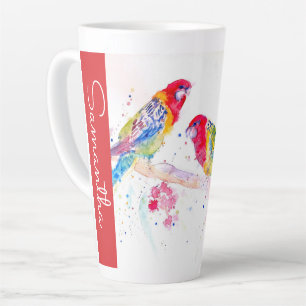Caneca De Café Latte Papagaio Rosella Vermelha Papagaios Aquarela Nome
