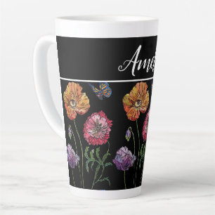 Caneca De Café Latte Papagaios Chiques vermelhos Flores Pretas