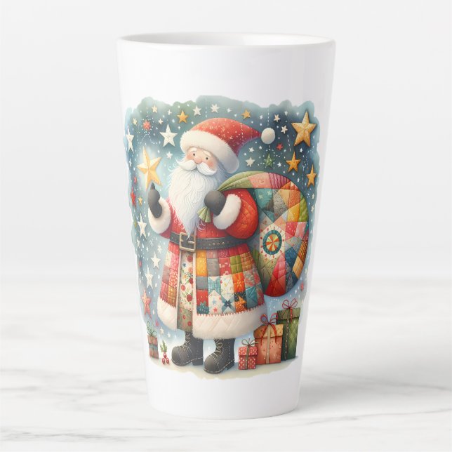 Caneca De Café Latte Papai Noel de Patchwork Acolchoado com Estrelas de (Frente)