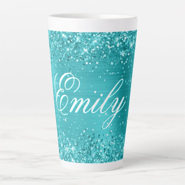 Caneca De Café Latte Papel alumínio azul turquesa glitter personalizado (Frente)