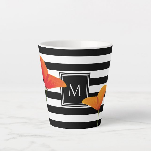 Caneca De Café Latte Papoila Negra Chic Monograma (Frente)