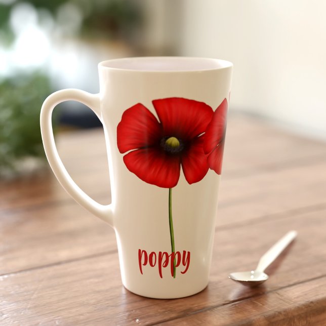 Caneca De Café Latte Papoila Personalizada Flor Floral Grande Caneta La (Pop your name on this pretty poppy latte mug!)