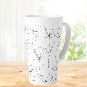 Caneca De Café Latte Papoula Flor Silvestre Preto e Branco Floral Minim