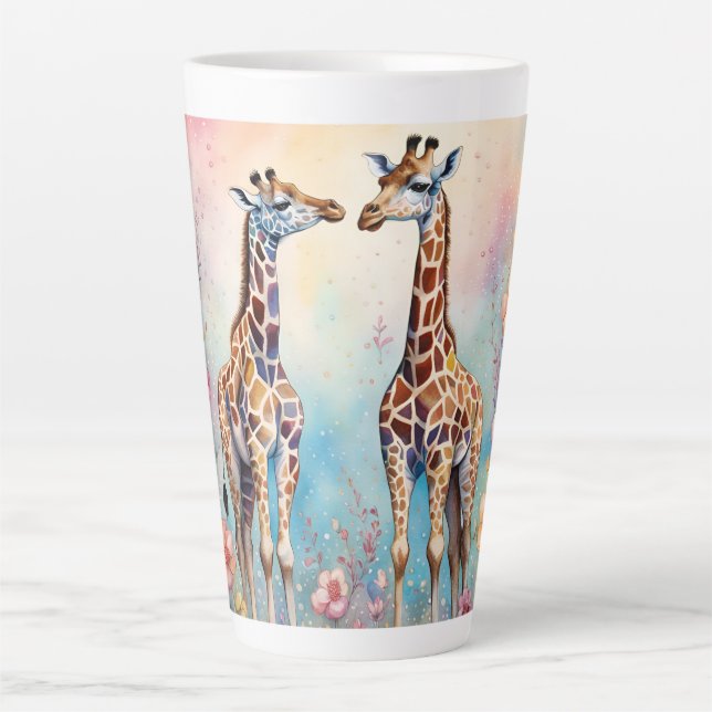 Caneca De Café Latte Par de Girafas Apaixonadas num Jardim Pastel (Frente)