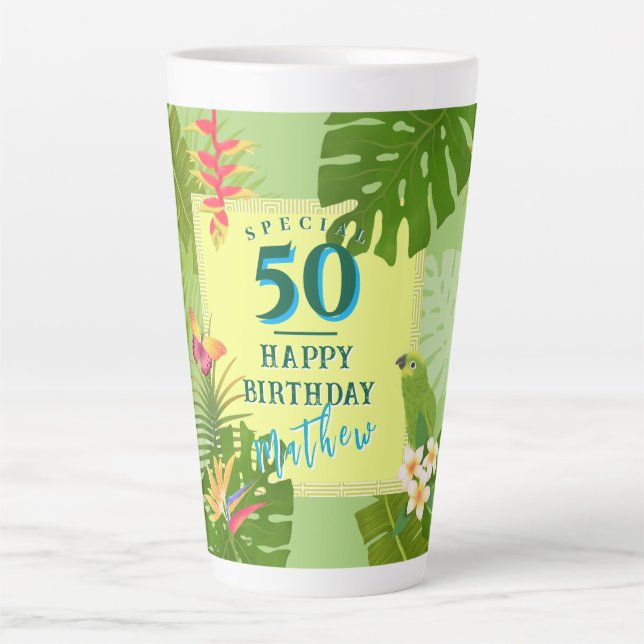 Caneca De Café Latte Paraíso tropical anual verde de aniversário (Frente)