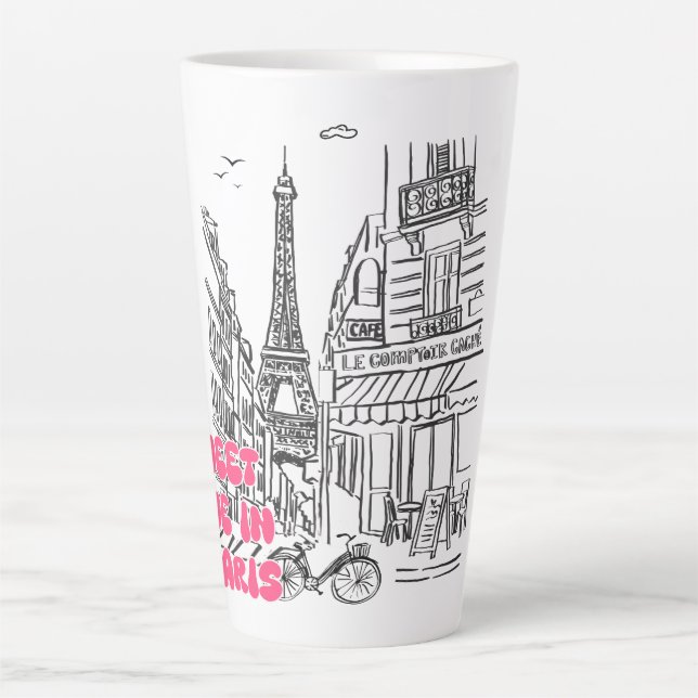 Caneca De Café Latte Paris Café–Meet Me in Paris in Pink & Eiffel Tower (Frente)