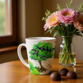 Caneca De Café Latte Passarinho fofo com esquilos brincando na floresta