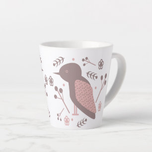 Caneca De Café Latte Passarinho Fofo Marrom Rosa Floral Botânico