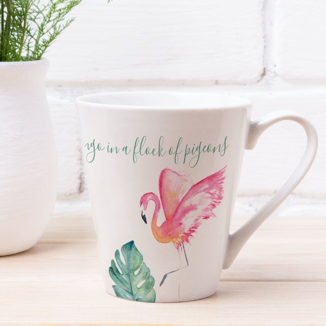 Caneca De Café Latte Pássaro de Água Flamingo Rosa Tropical (Flamingo lover gifts for her feature tropical watercolor art by Victoria Grigaliunas of DoTellABelle)