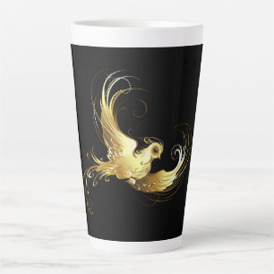 Caneca De Café Latte Pássaro Dourado em Fundo Preto