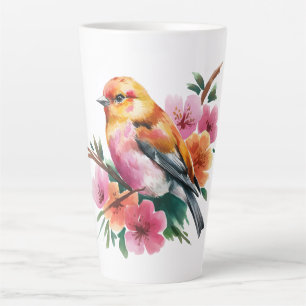 Caneca De Café Latte Passaro Flor Rosa