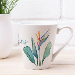 Caneca De Café Latte Pássaro Tropical de Folhas de Palma Verde do Paraí